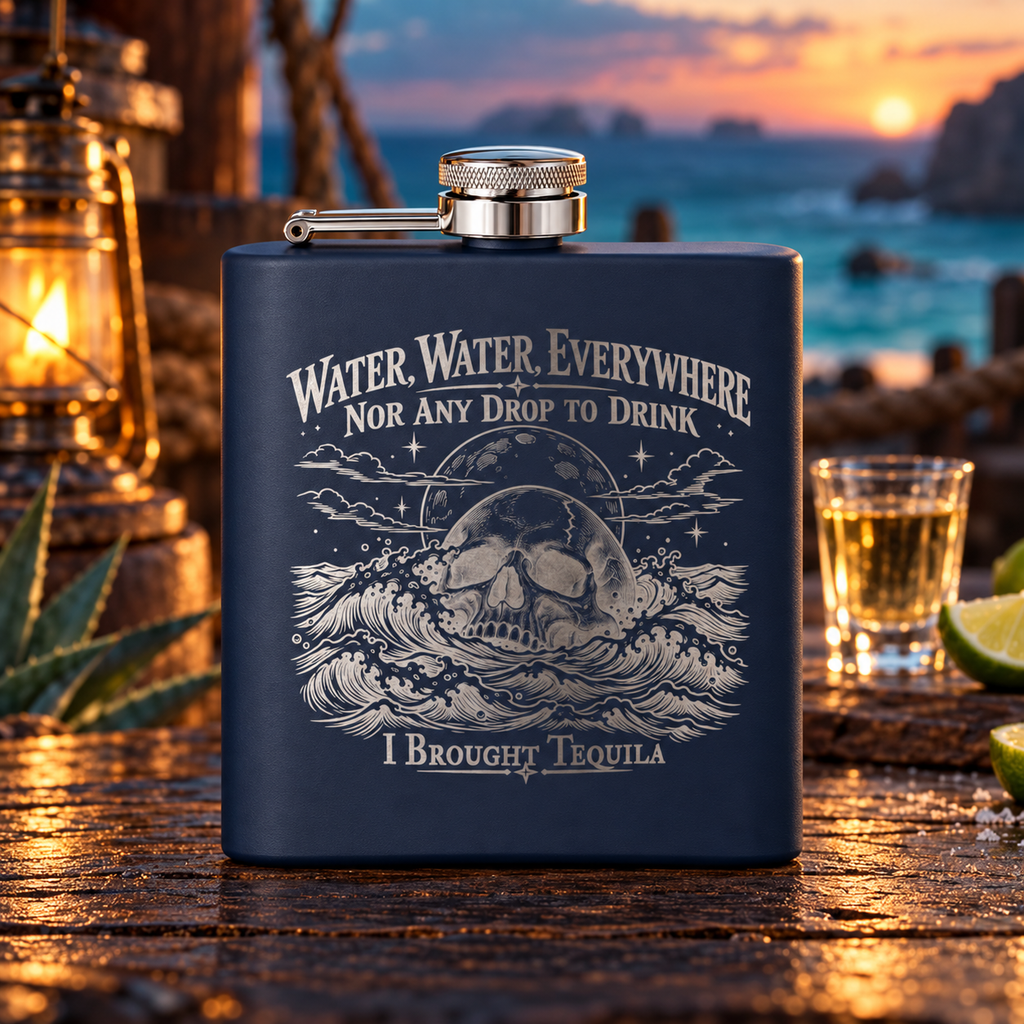Navy hip flask engraved with Water, Water, Everywhere, Nor Any Drop to Drink, a skull rising from stormy waves and I Brought Tequila at the bottom, on a dock at sunset with a shot of tequila and a lime