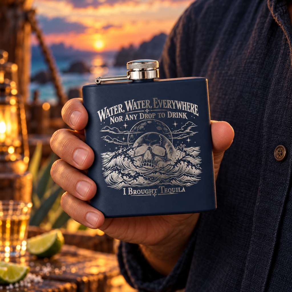 A hand holding the navy I Brought Tequila engraved flask up close, showing the skull, the waves and the bare silver steel lettering