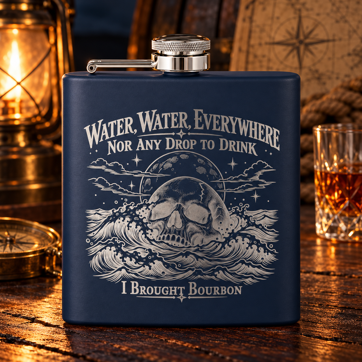 Navy hip flask engraved with Water, Water, Everywhere, Nor Any Drop to Drink, a skull rising from stormy waves and I Brought Bourbon at the bottom, on a wooden table by lantern light with a glass of bourbon