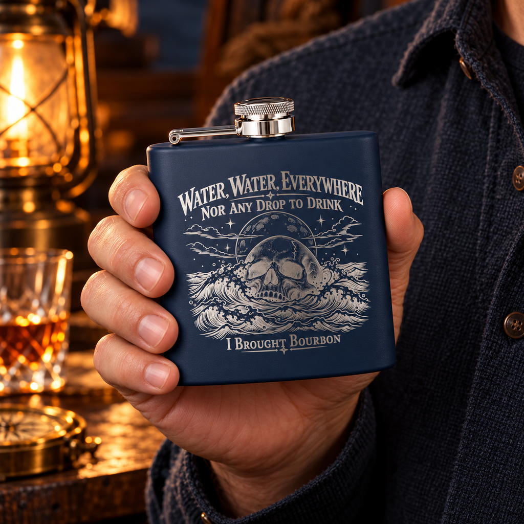 A hand holding the navy I Brought Bourbon engraved flask up close, showing the skull, the waves and the bare silver steel lettering