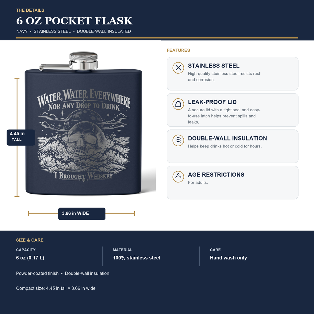 Details sheet for the 6 oz navy pocket flask in I Brought Whiskey: stainless steel, leak-proof lid, double-wall insulation, about 4.45 inches tall and 3.66 inches wide