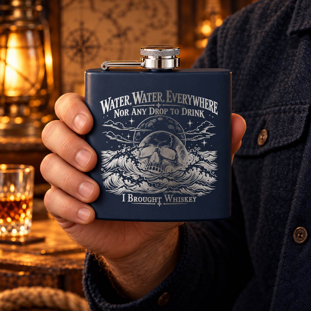 A hand holding the navy I Brought Whiskey engraved flask up close, showing the skull, the waves and the bare silver steel lettering