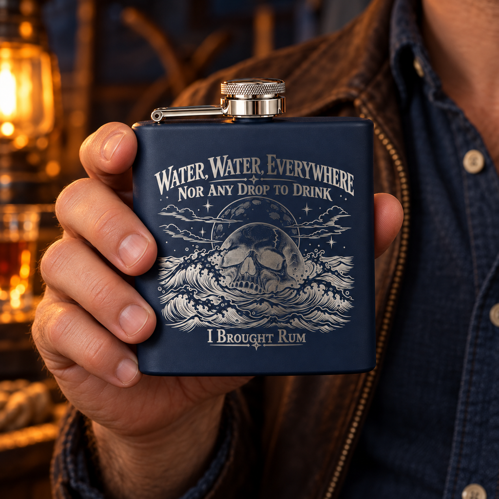 A hand holding the navy I Brought Rum engraved flask up close, showing the skull, the waves and the bare silver steel lettering