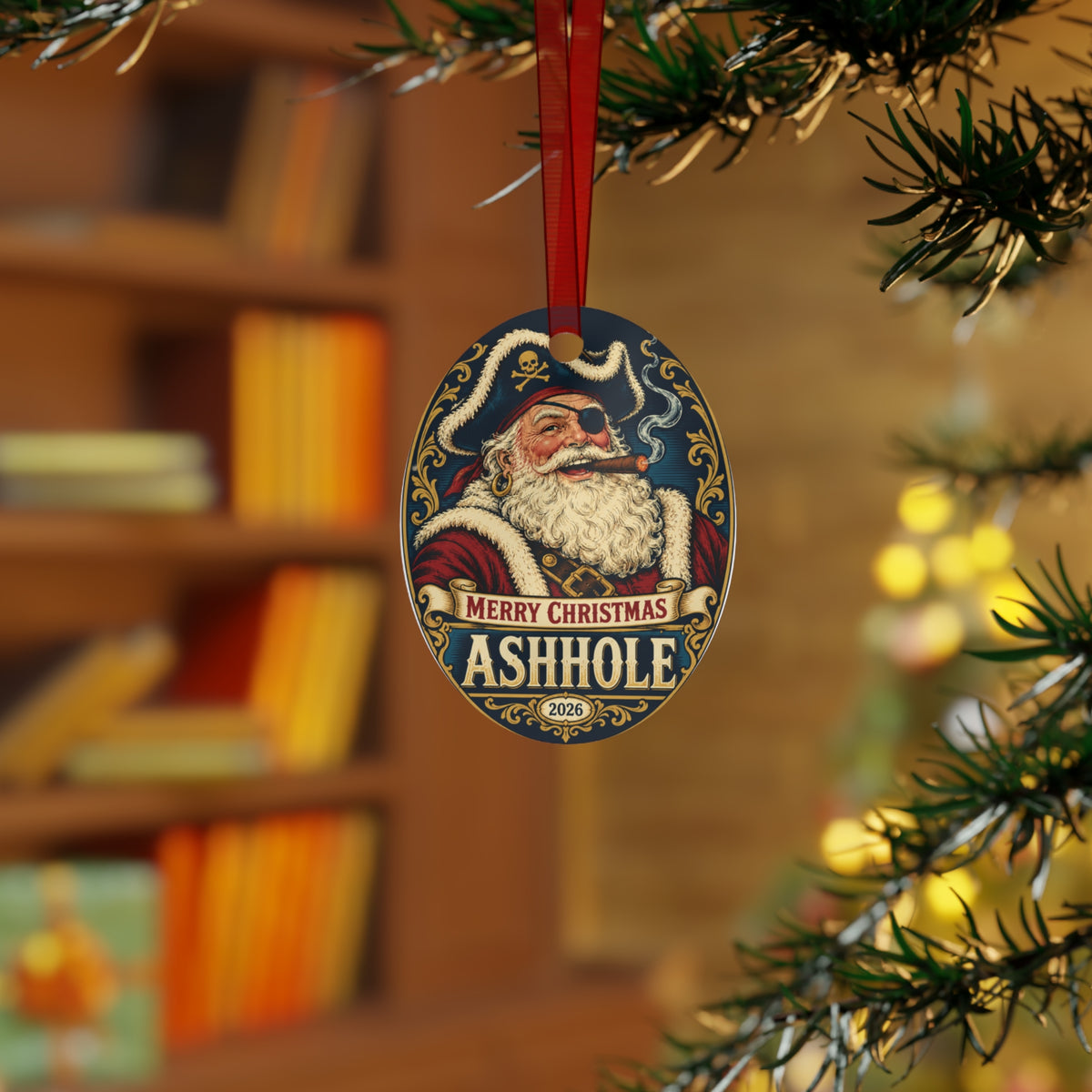Merry Christmas Ashhole metal ornament, oval shape, front with Pirate Santa