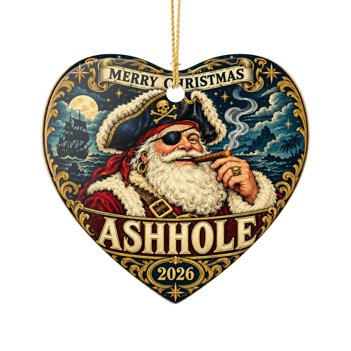 Merry Christmas Ashhole ceramic ornament, heart shape, front with Pirate Santa