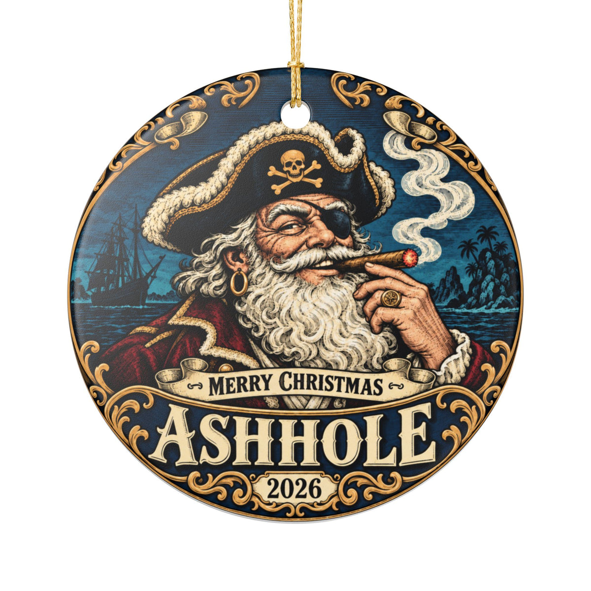 Merry Christmas Ashhole ceramic ornament, round shape, front with Pirate Santa