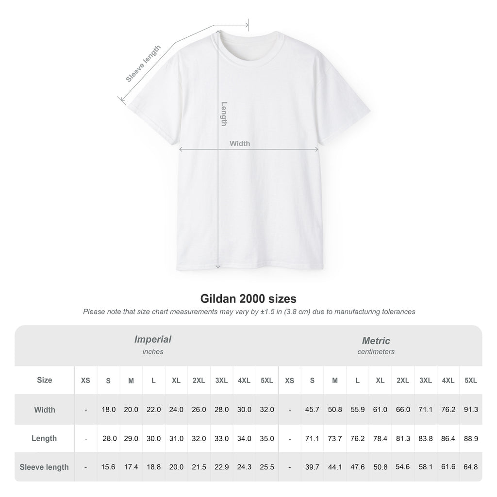 Gildan 2000 t-shirt size chart with width, length and sleeve length for S through 5XL in inches and centimeters