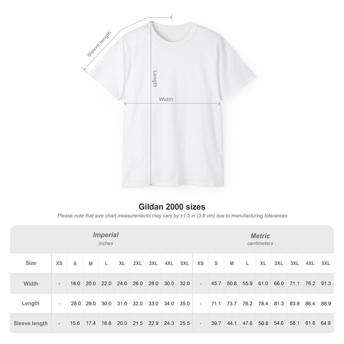 Gildan 2000 t-shirt size chart with width, length and sleeve length for S through 5XL in inches and centimeters