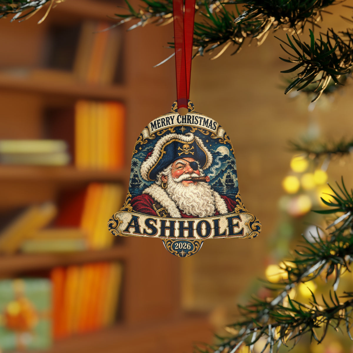 Merry Christmas Ashhole metal ornament, bell shape, front with Pirate Santa