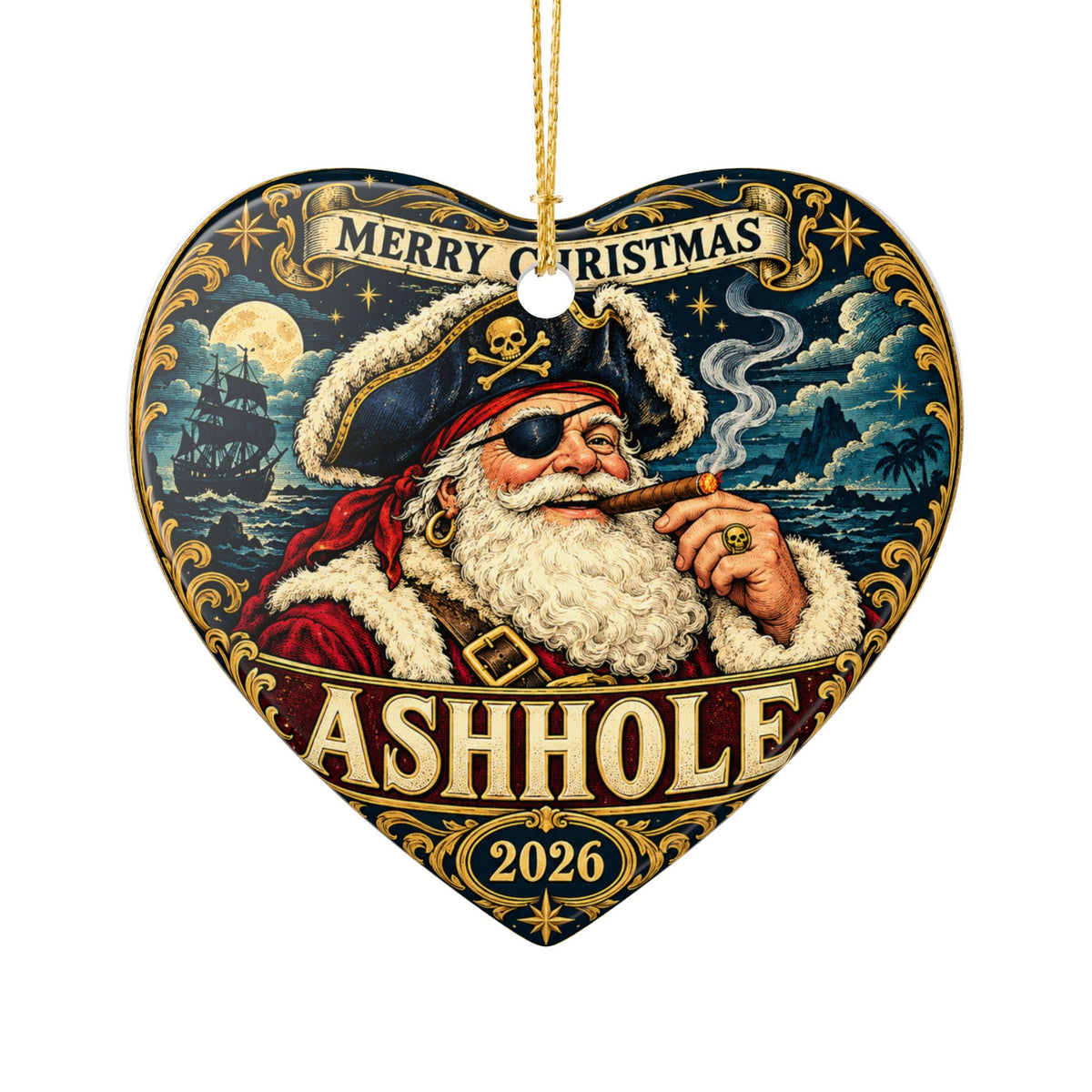 Merry Christmas Ashhole ceramic ornament, heart shape, front with Pirate Santa