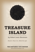 Cover of the free Treasure Island Dastardly Duo Edition: a black ink spot on aged parchment above the title