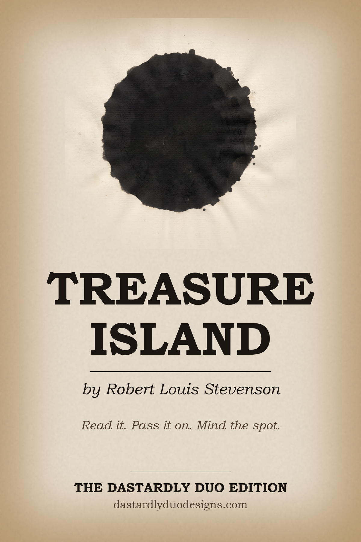 Cover of the free Treasure Island Dastardly Duo Edition: a black ink spot on aged parchment above the title
